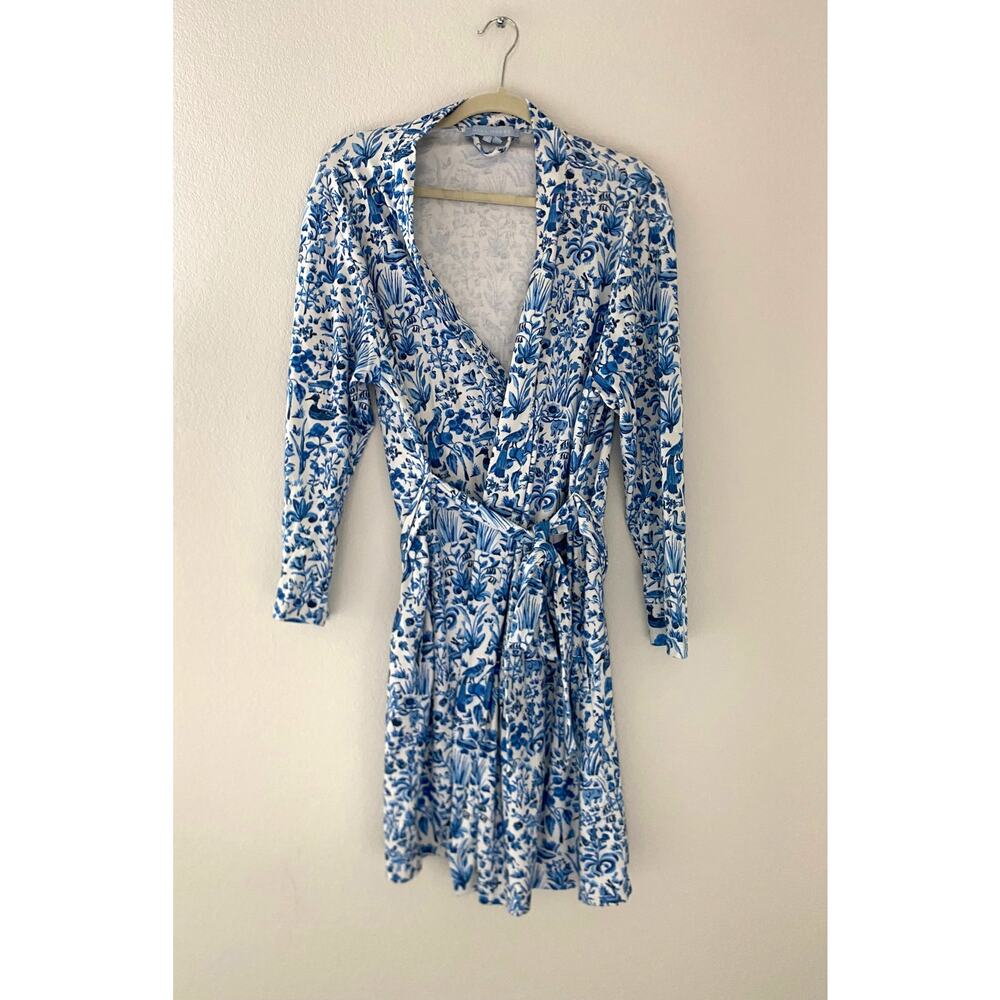 Hill House Home Woodland Robe Blue Toile Cottage Print Organic Cotton Belted